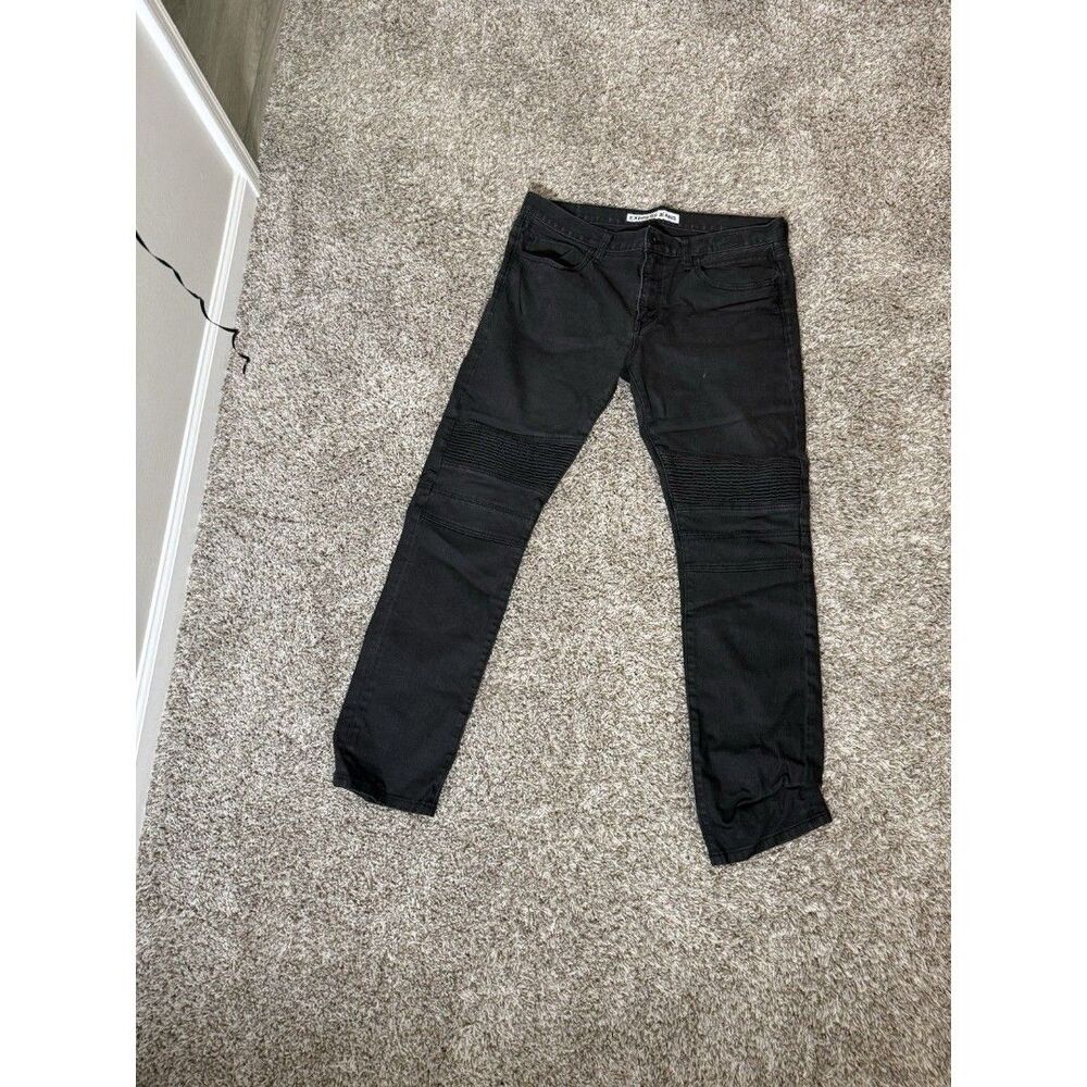 Express Jeans Mens Size 34x34 Black Moto Biker Straight Leg Denim Stretch Pants